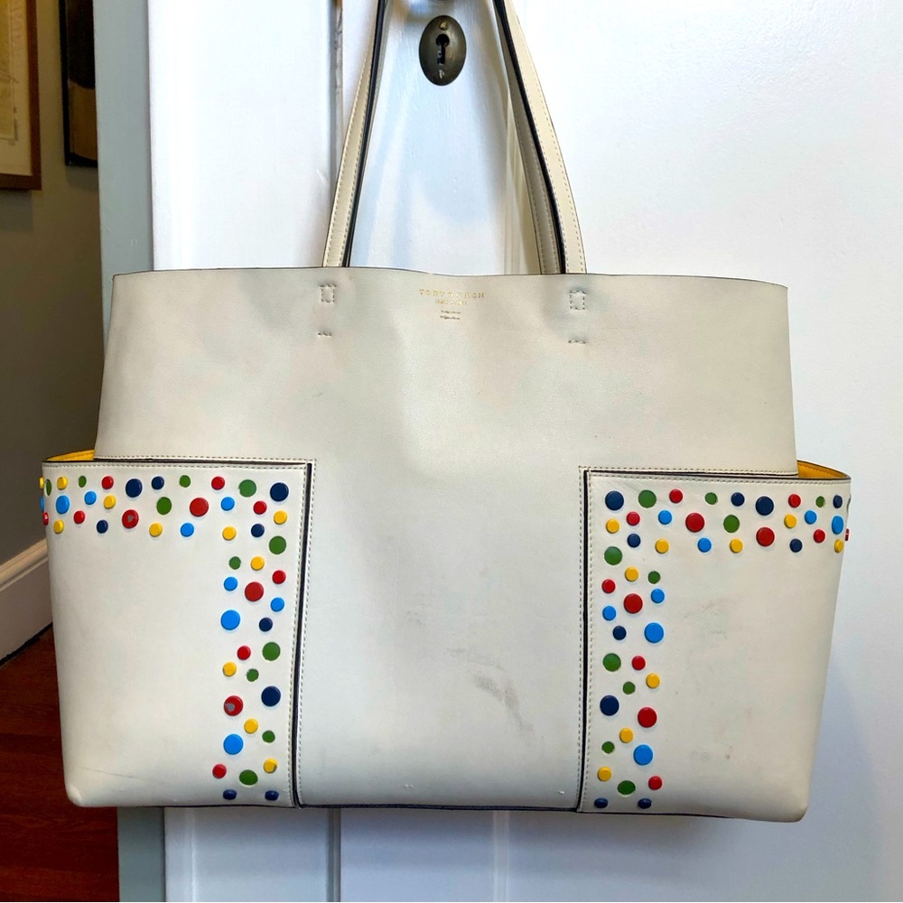 Tory Burch Studded Block T Tote in New Ivory with detachable wristlet pouch
